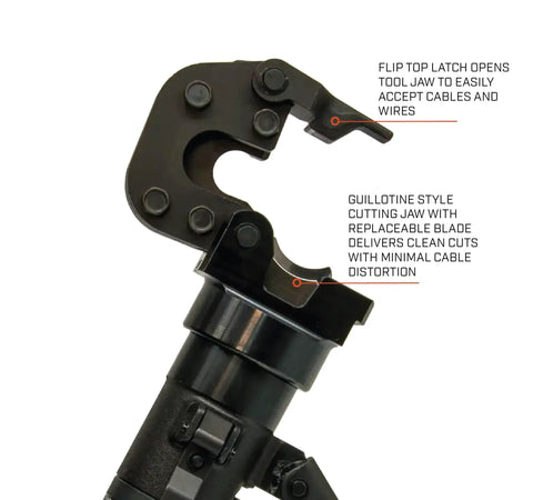 Lightweight Manual Hydraulic Cable Cutter showing flip top latch, guillotine style jaw for ACSR, copper, aluminum, and soft steel bolts