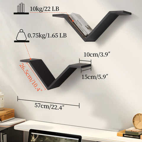 Super Sleek Black Wall Mount Bookshelf Set Of Two With Sweet Wing Shaped Design That Offers Hella Spacious Storage While Giving Your Space Total Modern Vibes