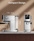 Kickin 20 Bar Espresso Maker With Rapid Cold Brew Touchscreen Panel Dual Milk Frother And 37 Oz Reservoir compact design shown beside measurements.