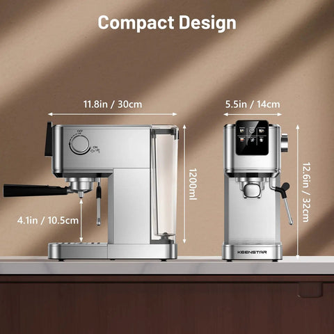 Kickin 20 Bar Espresso Maker With Rapid Cold Brew Touchscreen Panel Dual Milk Frother And 37 Oz Reservoir compact design shown beside measurements.