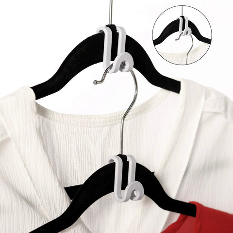 60 Pack Mini Cascading Hanger Hooks For Velvet Huggable Hangers in Black, holding clothes on velvet hanger, space saving design.