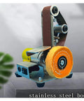 Compact Mini Electric Belt Sander For Desktop Use with stainless steel body and sanding belt mounted for precise finishing.