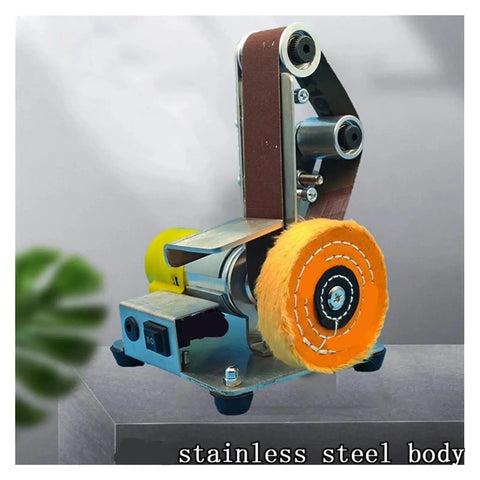 Compact Mini Electric Belt Sander For Desktop Use with stainless steel body and sanding belt mounted for precise finishing.