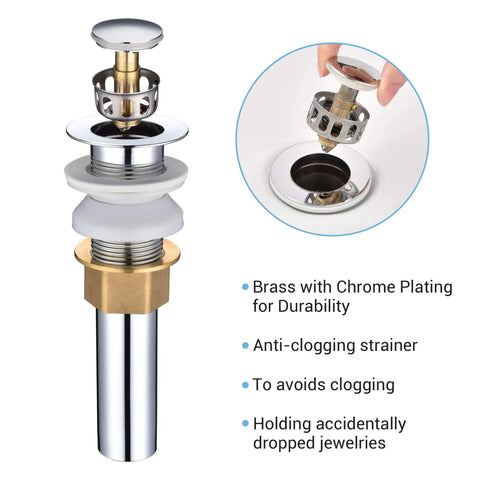 Brass pop-up drain for 12 Inch Round Porcelain Vessel Sink With Pop Up Drain For Above Counter Vanity, anti-clogging strainer visible
