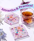 Coaster Making Kit With Epoxy Resin 16oz Molds Mica Powder Gold Flakes Mixing Cups Gloves And More DIY Kit displayed with tea
