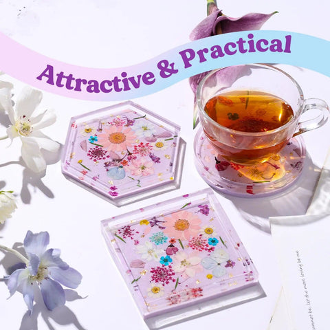 Coaster Making Kit With Epoxy Resin 16oz Molds Mica Powder Gold Flakes Mixing Cups Gloves And More DIY Kit displayed with tea