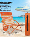 Two Pack Low Beach Chairs For Adults Folding Recliner Camping Chairs With Cup Holders Lightweight Low Seat Chairs For Outdoor Camping Picnic Festival Carry Bags Included Orange Striped shown on beach with dimensions.