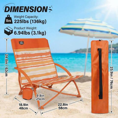 Two Pack Low Beach Chairs For Adults Folding Recliner Camping Chairs With Cup Holders Lightweight Low Seat Chairs For Outdoor Camping Picnic Festival Carry Bags Included Orange Striped shown on beach with dimensions.