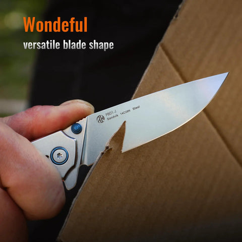 Your Go To Everyday Carry Folding Pocket Knife With 3.39 Inch 14C28N Blade cutting cardboard