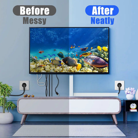 Before and after using Under Desk Cable Management Kit With One Piece Raceway Channel White 123 Inch Total Length 8 Piece Cord Track Desk Wire Channel To Hide Computer Cables And TV Wires Keeps Home Office Neat And Safe under TV setup