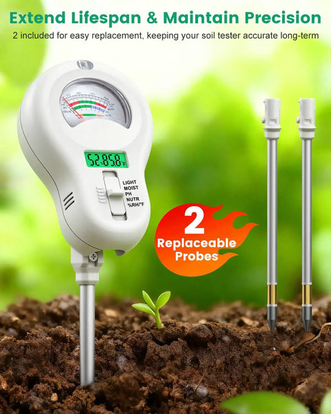 6-In-1 Soil Tester With 3 Probes for Moisture, pH, Fertility on soil showing digital display and replaceable probes