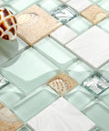 Coastal Beach Glass Stone Mosaic Tile In Lake Green White And Sandstone Shell Accents For Kitchen Backsplash Bathroom Shower Walls