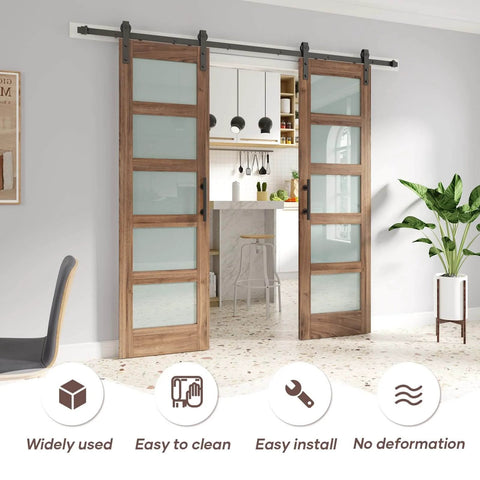 Installed Double 24 By 84 Inch Glass Barn Doors With 48 Inch Width Eight Foot Hardware Kit And Handle Included Five Panel Frosted Glass LVL Wood Panel Waterproof PVC Surface Pre Drilled Holes Easy Assembly in a modern interior setting.
