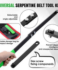 Universal Serpentine Belt Tool Kit with adjustable handle, hex screw fixing components, and durable storage bag shown in use.