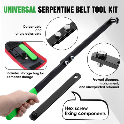 Universal Serpentine Belt Tool Kit with adjustable handle, hex screw fixing components, and durable storage bag shown in use.