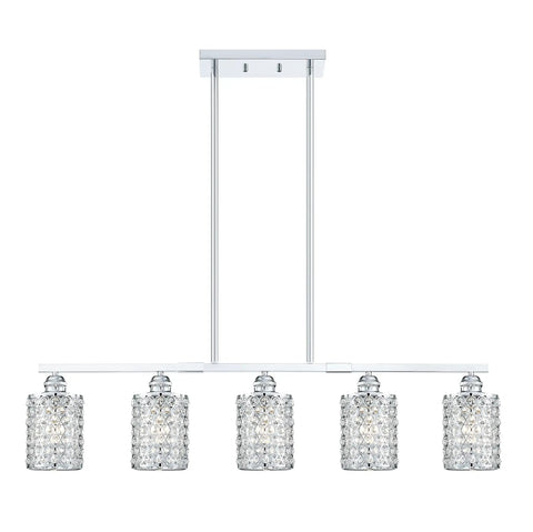 Five Light Polyhedral Opal Crystal Pendant Light Semi Flush Mount With Dope Chrome Finish, modern linear design.