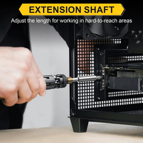 19-In-1 Magnetic Screwdriver Set With S2 Steel Bits for DIY Handyman used on computer case, extension shaft visible