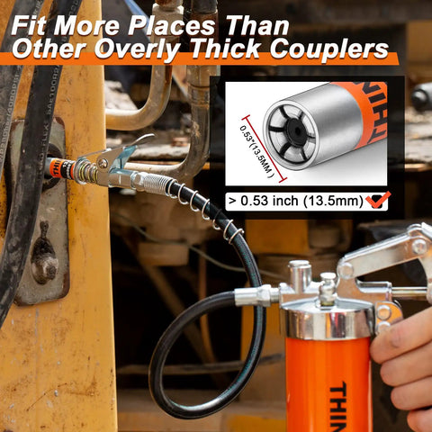 One Hand Ready Ultra Compact Locking Grease Gun Coupler With Twelve Inch Flex Hose Twelve Thousand PSI Quick Release