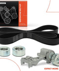 All-In-One Serpentine Belt Drive Kit For Toyota Camry 2007-2011, Sienna 2007-2010, Avalon 2005-2012, Lexus RX350 2007-2009, ES350 2007-2012 3.5L V6 Includes Belt, Tensioner, And Idler Pulleys displayed with packaging, belt, and components