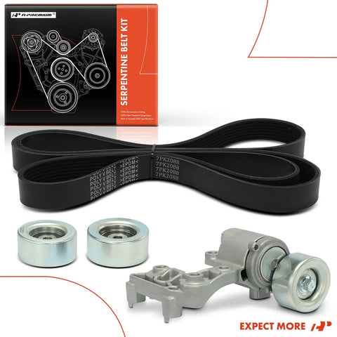 All-In-One Serpentine Belt Drive Kit For Toyota Camry 2007-2011, Sienna 2007-2010, Avalon 2005-2012, Lexus RX350 2007-2009, ES350 2007-2012 3.5L V6 Includes Belt, Tensioner, And Idler Pulleys displayed with packaging, belt, and components