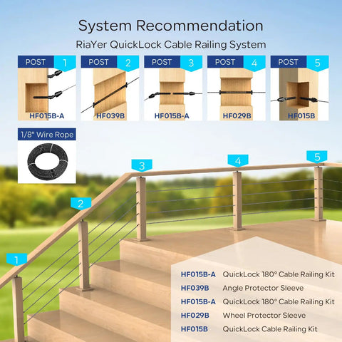 Black QuickLock Deck Wire Railing Kit With One Eighth Inch Wire and system recommendations for T316 stainless steel tensioners.