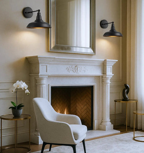 Black Vintage Battery Operated Wall Sconce Set Of 2 With Remote Control in elegant living room, above fireplace, energy efficient