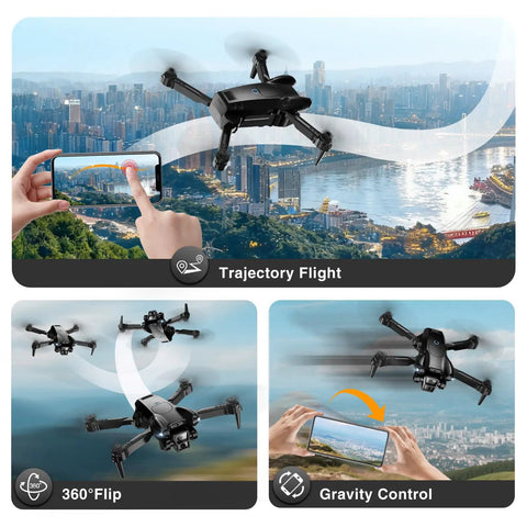 1080P HD Camera Drone For Beginners And Kids Adults Foldable RC Quadcopter in scenic trajectory flight over cityscape