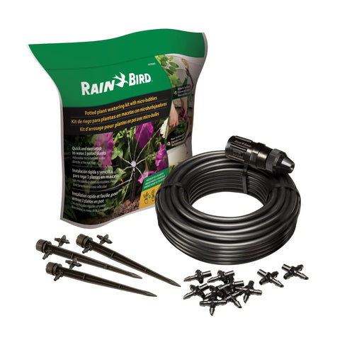 No Hassle Drip Irrigation Kit For Potted Plants And Small Gardens, 16 Piece Watering System with tubing, bubblers, fittings.