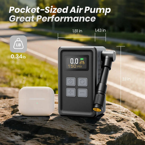 Portable Bike Tire Pump With Gauge 150 PSI Electric Inflator For Presta And Schrader Valves Auto Stop Uber Fast Brushless Motor Upgraded Compact Pump For E Bike MTB Road Bike And Ball