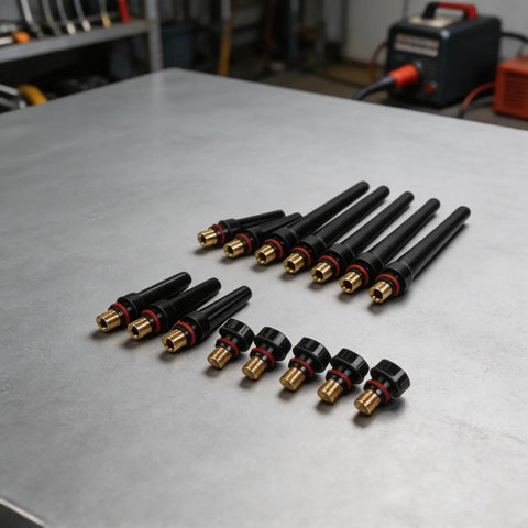 Dope 15 PCS Tig Back Cap Kit Fits Wp 17 18 26 Torch With Brass Bakelite Rubber Covers on stainless table.