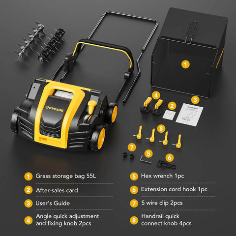 16 Inch 2 In 1 Electric Dethatcher And Scarifier With 5 Position Depth Adjustment For Lawns including components and accessories