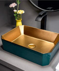 Killer Top Shelf Porcelain Vessel Sink For Above Counter Bathroom Vanity Heavy Duty Ceramic Art Basin Compact Size view with gold interior.