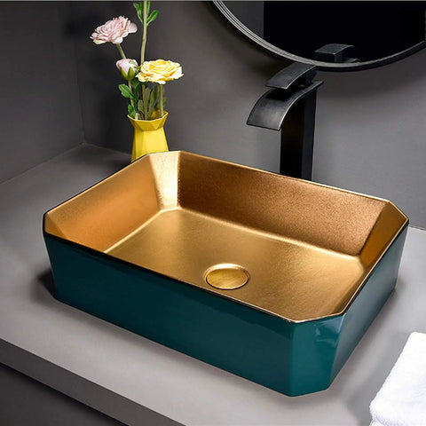 Killer Top Shelf Porcelain Vessel Sink For Above Counter Bathroom Vanity Heavy Duty Ceramic Art Basin Compact Size view with gold interior.