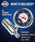 McKillans stainless steel pressure washer gauge with 3/8-inch push-to-connect fitting; measures 0–6000 PSI and MPa.