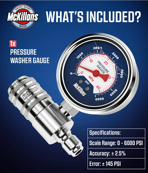 McKillans stainless steel pressure washer gauge with 3/8-inch push-to-connect fitting; measures 0–6000 PSI and MPa.