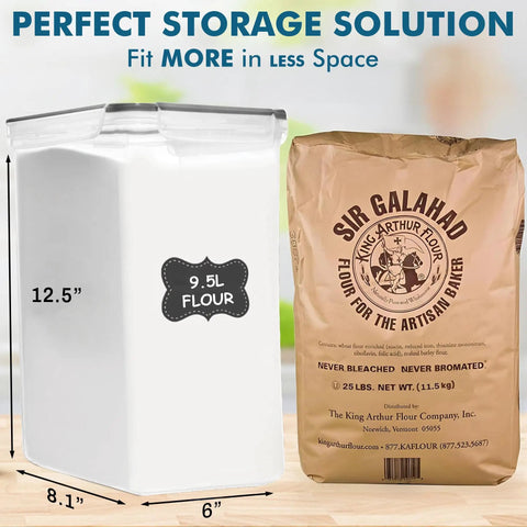 Two Pack Extra Large 9.5L Food Storage Canisters With Airtight Lids For Flour Sugar Rice Cereal Pasta BPA Free Leakproof Bulk Containers For Kitchen Pantry Organization shown with flour bag