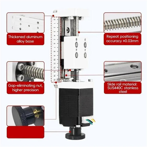 Close-up of Premium Mini Linear Actuator Stage With Nema8 Ball Screw Slide Table showing thick aluminum base and stainless steel slide rail.