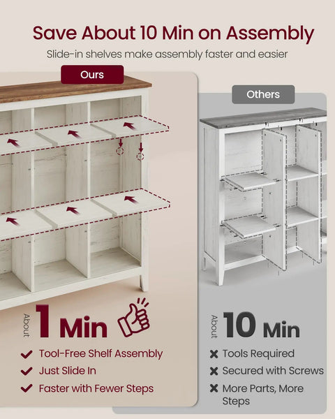 Image comparing assembly times for Hella Spacious Farmhouse Nine Cube Bookshelf With Heavy Duty Legs And Adjustable Shelves In Cloud White and Warm Brown.