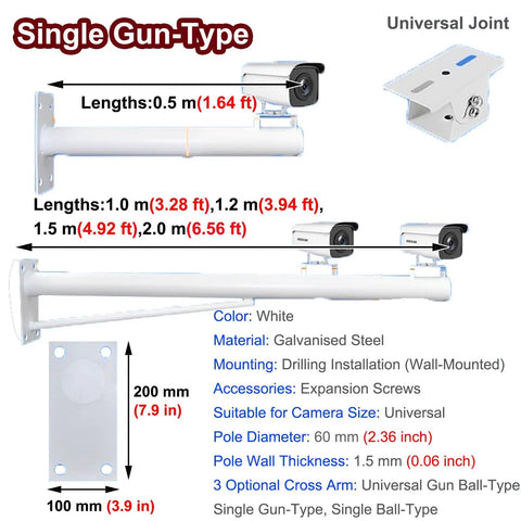 Extendable Outdoor Security Camera Pole Mount 4ft-6.6ft, Universal Bracket For Surveillance Cameras, white galvanized steel.