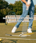 Game Changing Golf Stance And Alignment Training Aid For Left And Right Handed Players in use with adjustable mat on practice green