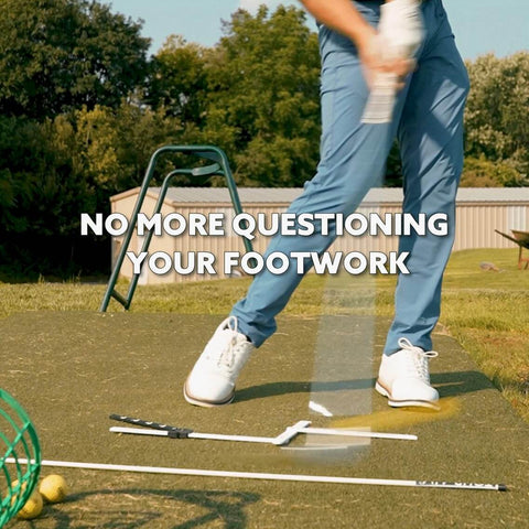 Game Changing Golf Stance And Alignment Training Aid For Left And Right Handed Players in use with adjustable mat on practice green