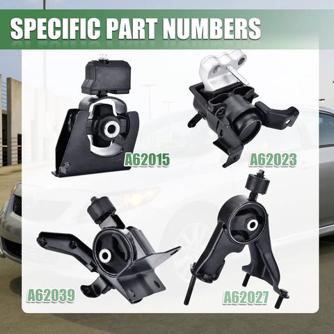 Beefed-Up Engine Mount Kit For Toyota Corolla Matrix And Pontiac Vibe 1.8L 2009-2013 And 2009-2010 Direct OE Replacement A62027 A62039 A62015 A62023 Heavy-Duty Iron Construction For Durability Quiet Ride Reduced Vibration with part numbers displayed