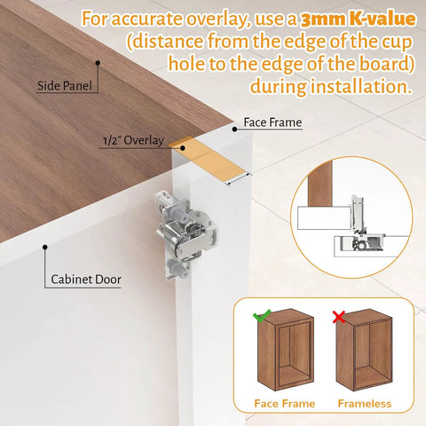 60 Pack 1/2 Inch Overlay Soft Close Concealed Hinges For Face Frame Kitchen Cabinets, installation guide for precise overlay alignment.