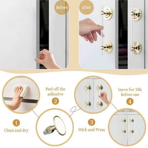 Installation steps for Two Pack Clear Acrylic Adhesive Cabinet Pulls With Center Hole 5 Inch Self Stick Knobs on cabinets