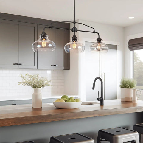 38 Inch 3 Light Modern Schoolhouse Island Light With Clear Glass Shades, Industrial Farmhouse Oil Rubbed Bronze Finish, over kitchen island