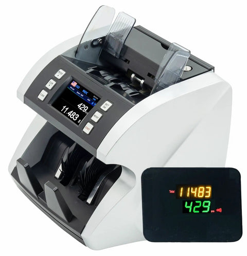 Touch Screen Currency Counter For Mixed Denominations With Bank-Grade Counterfeit Detection showing LCD and bill compartment