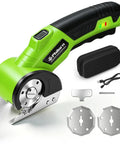 Cordless Electric Scissors For Cardboard And Paper Cutting Rechargeable Portable Handheld Power Tool With 320Rpm High Efficiency Blade Kit Includes Storage Case And Usb Cable, close-up view with accessories.