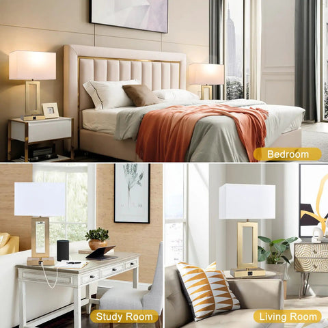 Set Of 2 22 Inch Touch Control Table Lamps With Dual USB Ports, 3-Way Dimming in bedroom, study room, and living room settings.