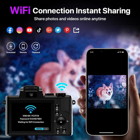 8K Ultra HD Vlogging Camera With WiFi, Autofocus And 88MP Still Photos showing wireless image transfer to smartphone