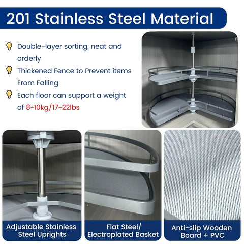 Two Tier Rotating Corner Cabinet Shelf With 360 Degree Swivel featuring stainless steel material and anti-slip features.